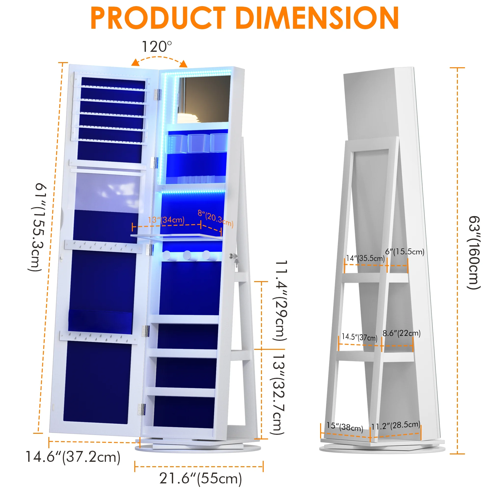 LVSOMT Roterende smykkeskrin med LED-lys og spejl i fuld længde: Stilfuld 360° opbevaring