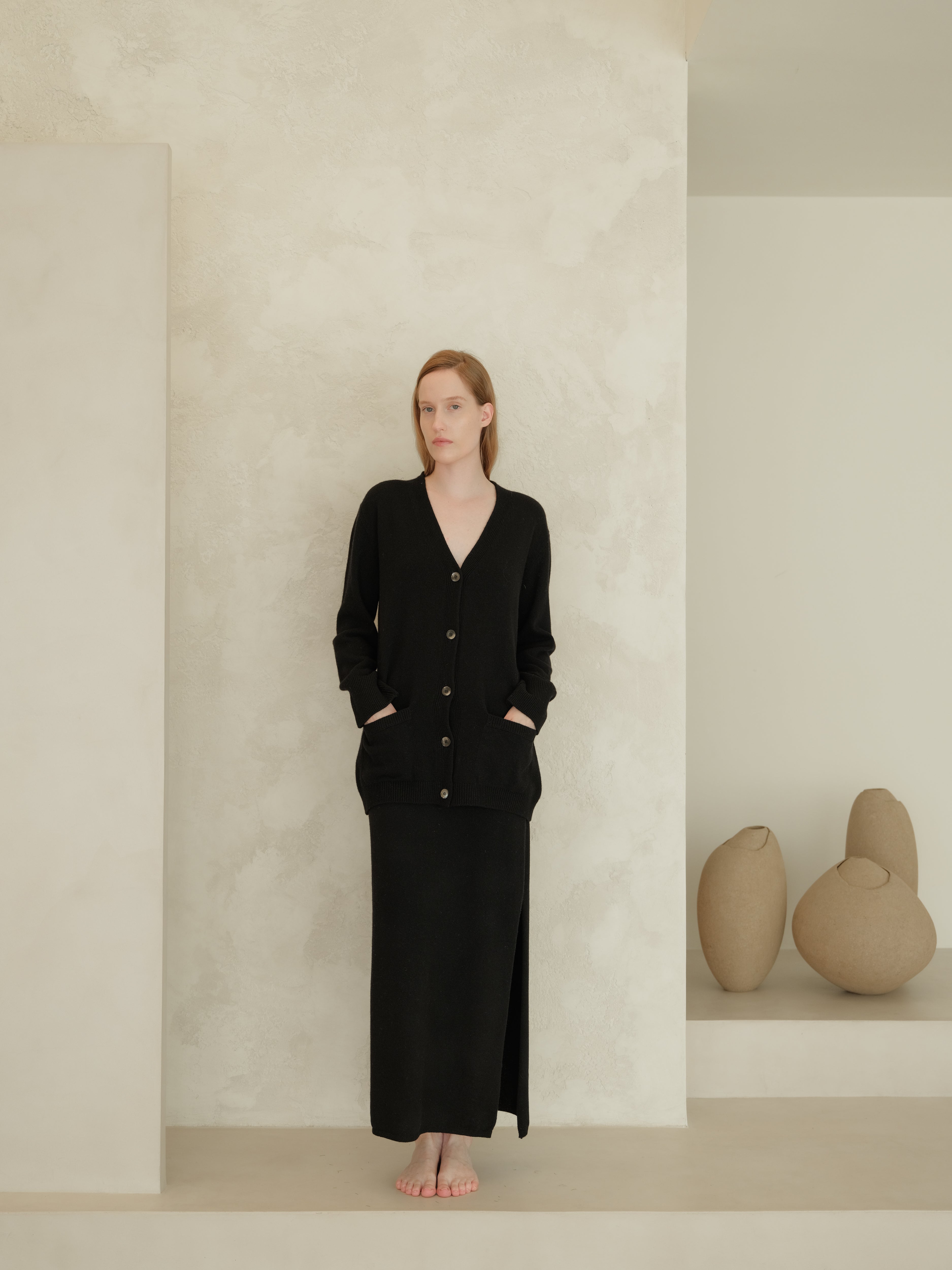 Cashmere Blend High-Waist Long Skirt With Side Slit (3D-Knit)