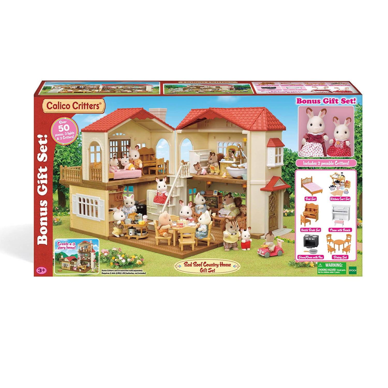 Calico Critters Puppenhaus mit rotem Dach – Puppenhaus mit Figuren, Möbeln und Zubehör