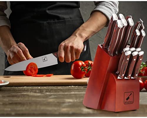 Japanisches Messerset, imarku Professional 16-teiliges Küchenmesserset mit Block, Kochmesserset mit Wetzstahl, deutscher Kohlenstoffstahl