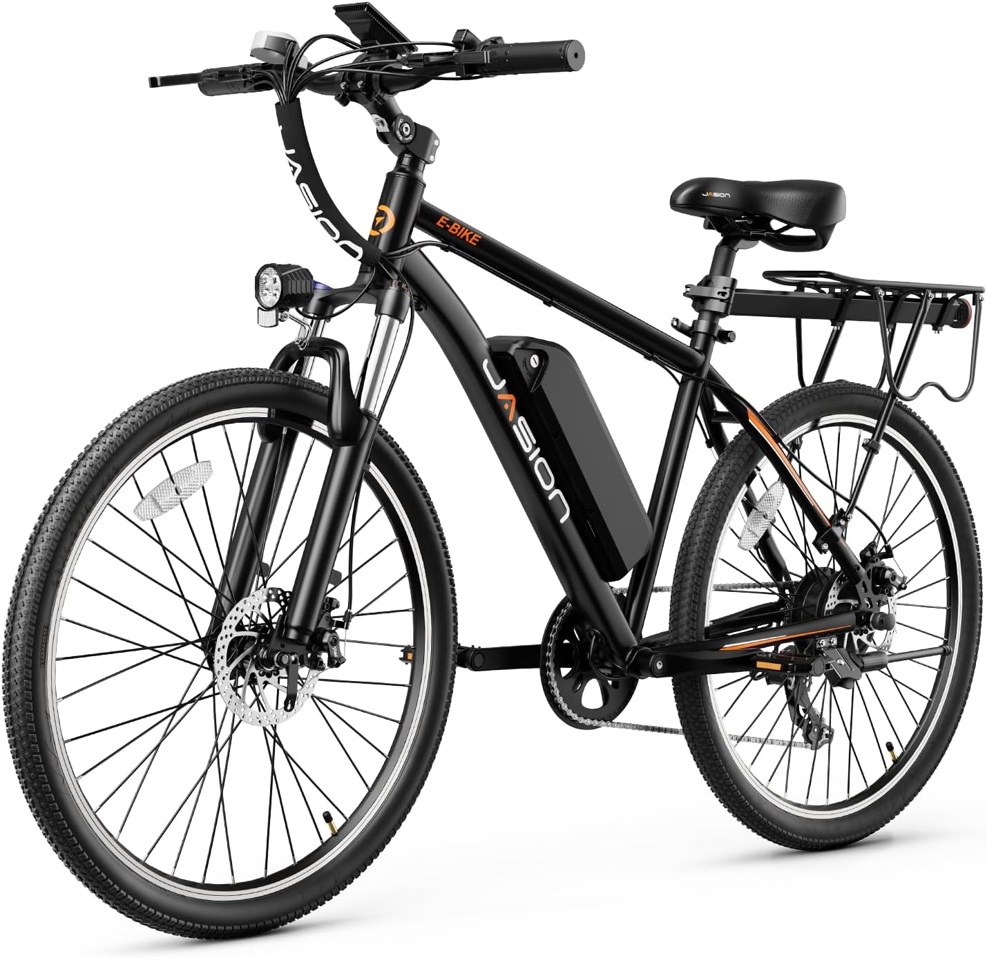 Vélo électrique Jasion EB5 pour adultes avec batterie amovible de 360 ​​Wh, 64 km, 32 km/h, VTT électrique de ville avec moteur de 350 W, 7 vitesses, pneus de 26 pouces et suspension avant.