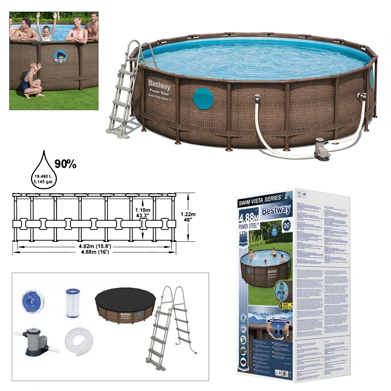 Schwimmbecken mit Bullaugen und Filter 488x122 cm