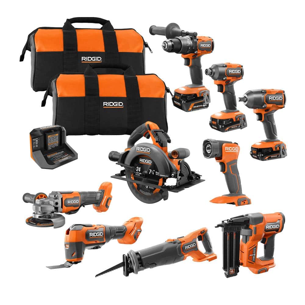 2025 RIDGID 18V børsteløs kombisæt med 9 værktøjer, (2) 2,0 Ah batterier og (1) 4,0 Ah batteri, oplader og værktøjstaske R96265N