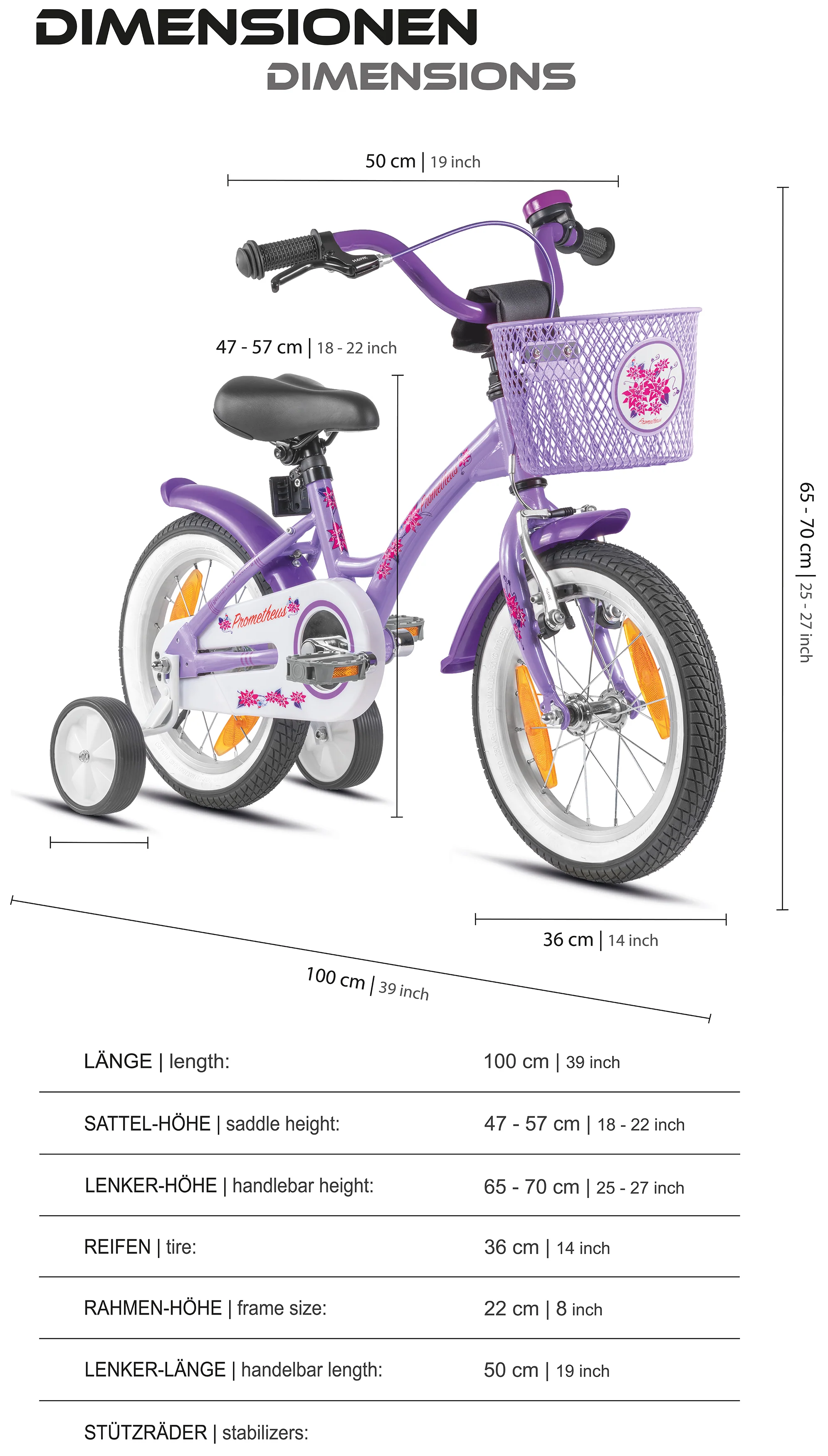 2025 Kinderfahrrad, 14 Zoll, mit Stützrädern. Violett und Weiß. Alter: 3–4 Jahre