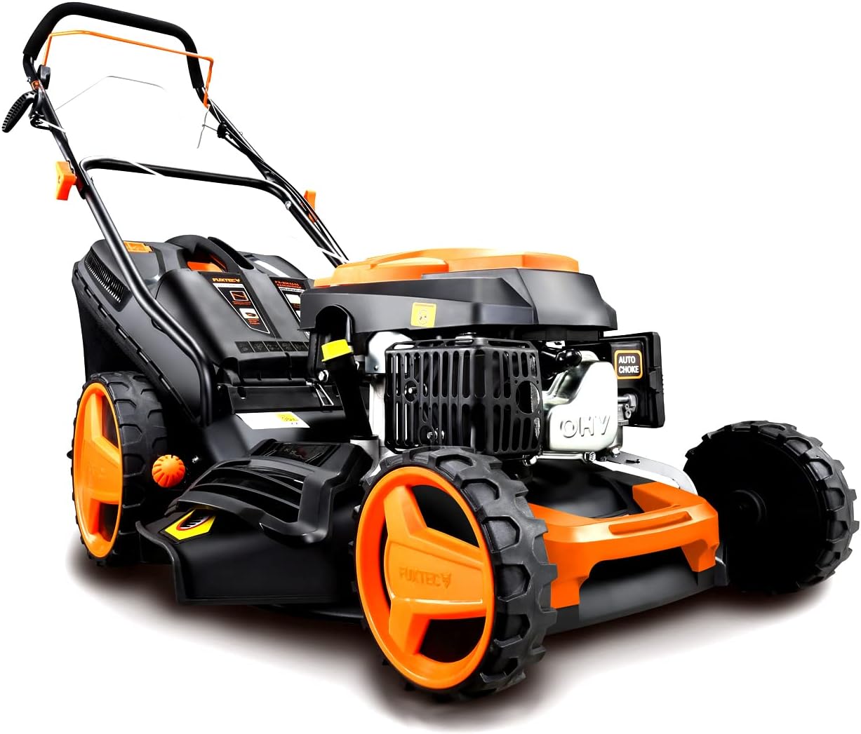 Tondeuse à gazon à essence FUXTEC FX-RM4646ECO, largeur de coupe de 46 cm, puissant moteur à essence de 146 cm³, nettoyage facile, 3 en 1, 2,6 kW, bac de ramassage mulching de 50 l.