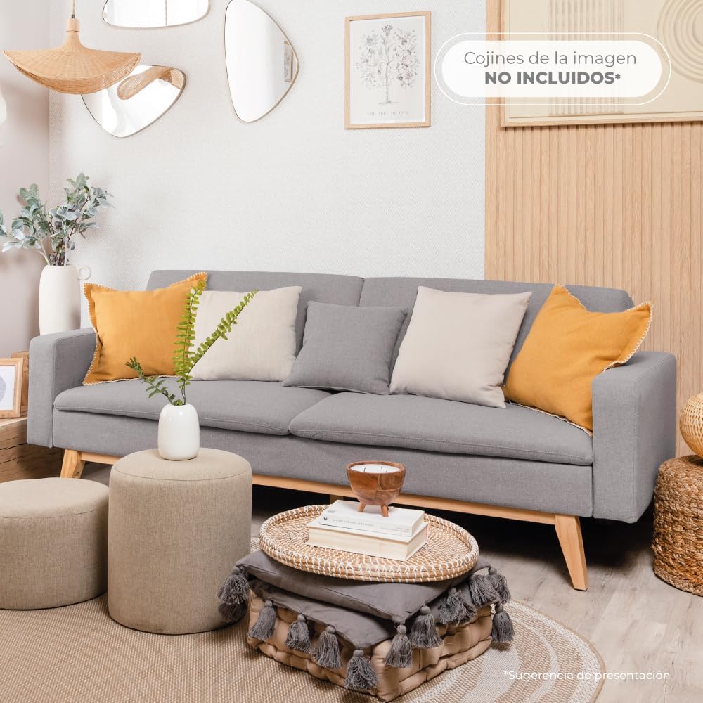 Don Descanso Reine 3-Sitzer-Schlafsofa, Stoffbezug, Click-Clack-Öffnungssystem, Sofa-Maße: 201 x 73 x 79 cm, Bett-Maße: 201 x 99 x 42 cm, inklusive 2 Kissen, Hellgrau