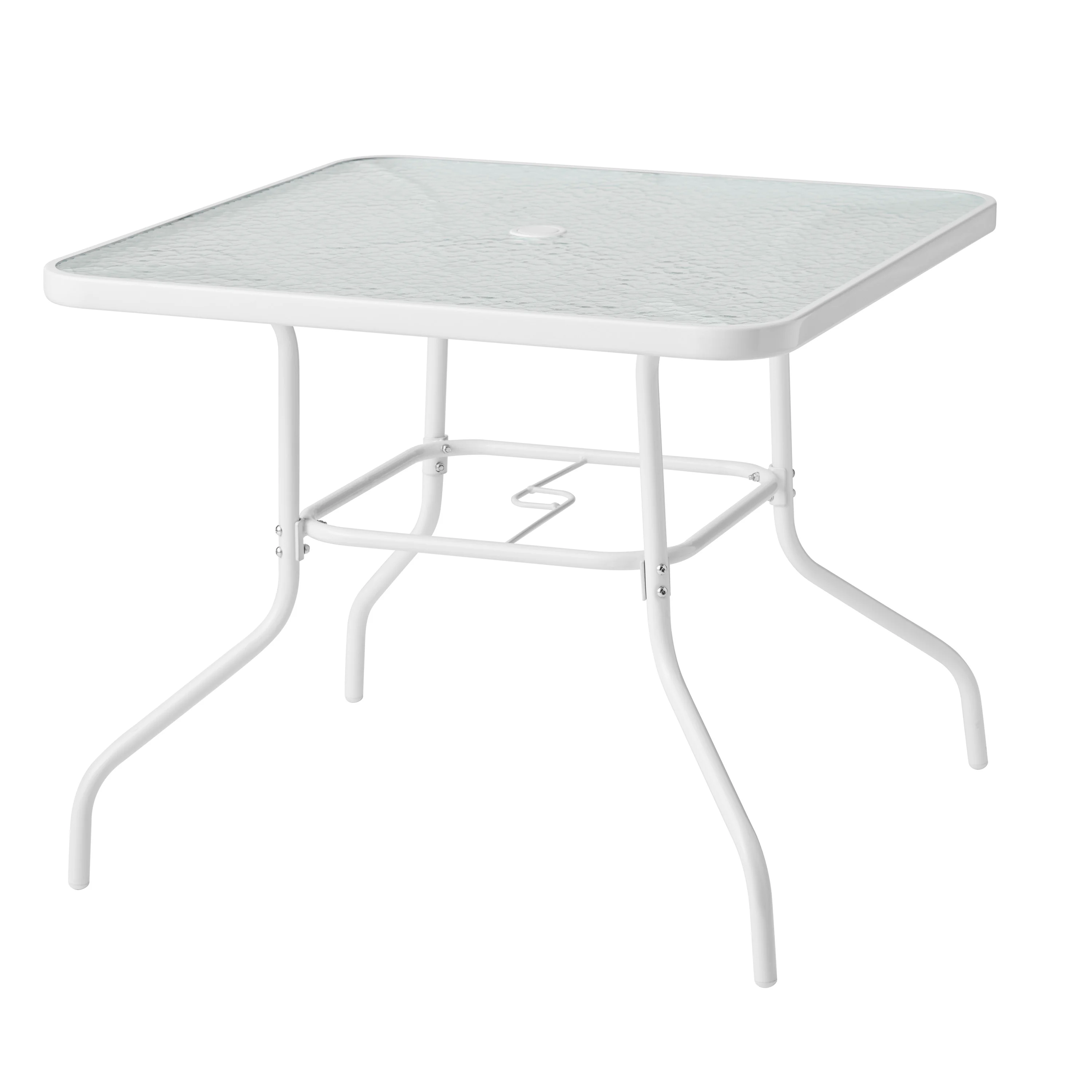 2025 Mainstays Albany Lane udendørs spisebordssæt med 5 dele. Hvidt stålstel og blåt stof.