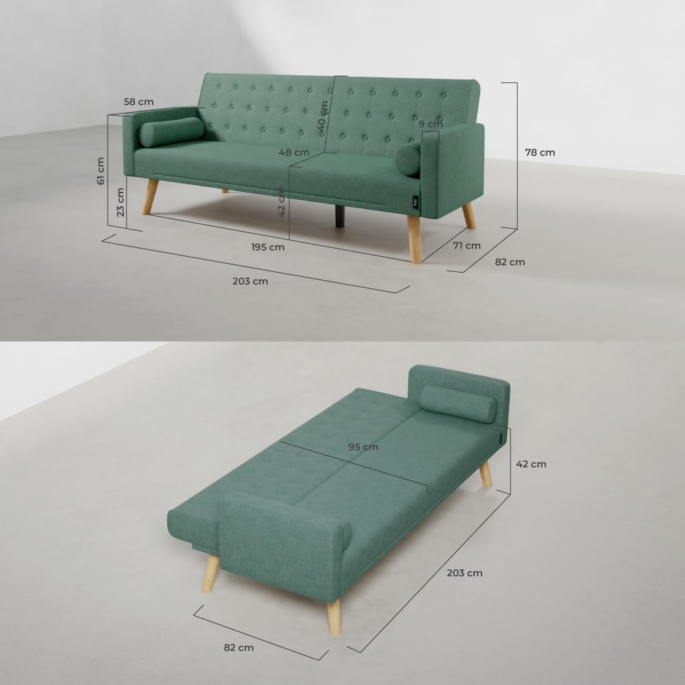 Nalui – 3-Sitzer-Schlafsofa, gepolstert, 203 x 82 x 78 cm, One Dots, mit 2 Kissen und Klick-Klack-Öffnungsmechanismus mit mehreren Liegepositionen. Chaiselongue-Schlafsofa mit Holzbeinen, umwandelbar in ein Doppelbett | Beige