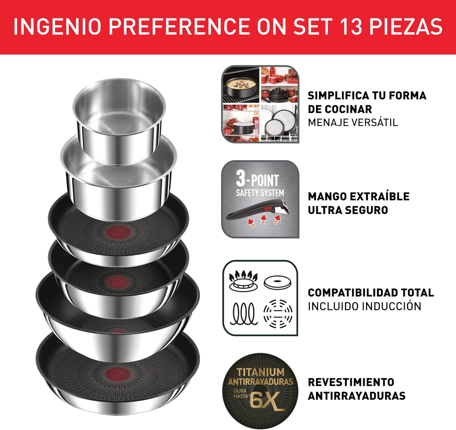 Tefal Ingenio Preference On Set: 2 Bratpfannen (24/28 cm) + 2 Stielkasserollen (16/20 cm) + 24 cm Topf + 26 cm Wok + 2 abnehmbare Griffe + 5 Zubehörteile | Induktionsgeeignet, antihaftbeschichtet, PFOA-frei