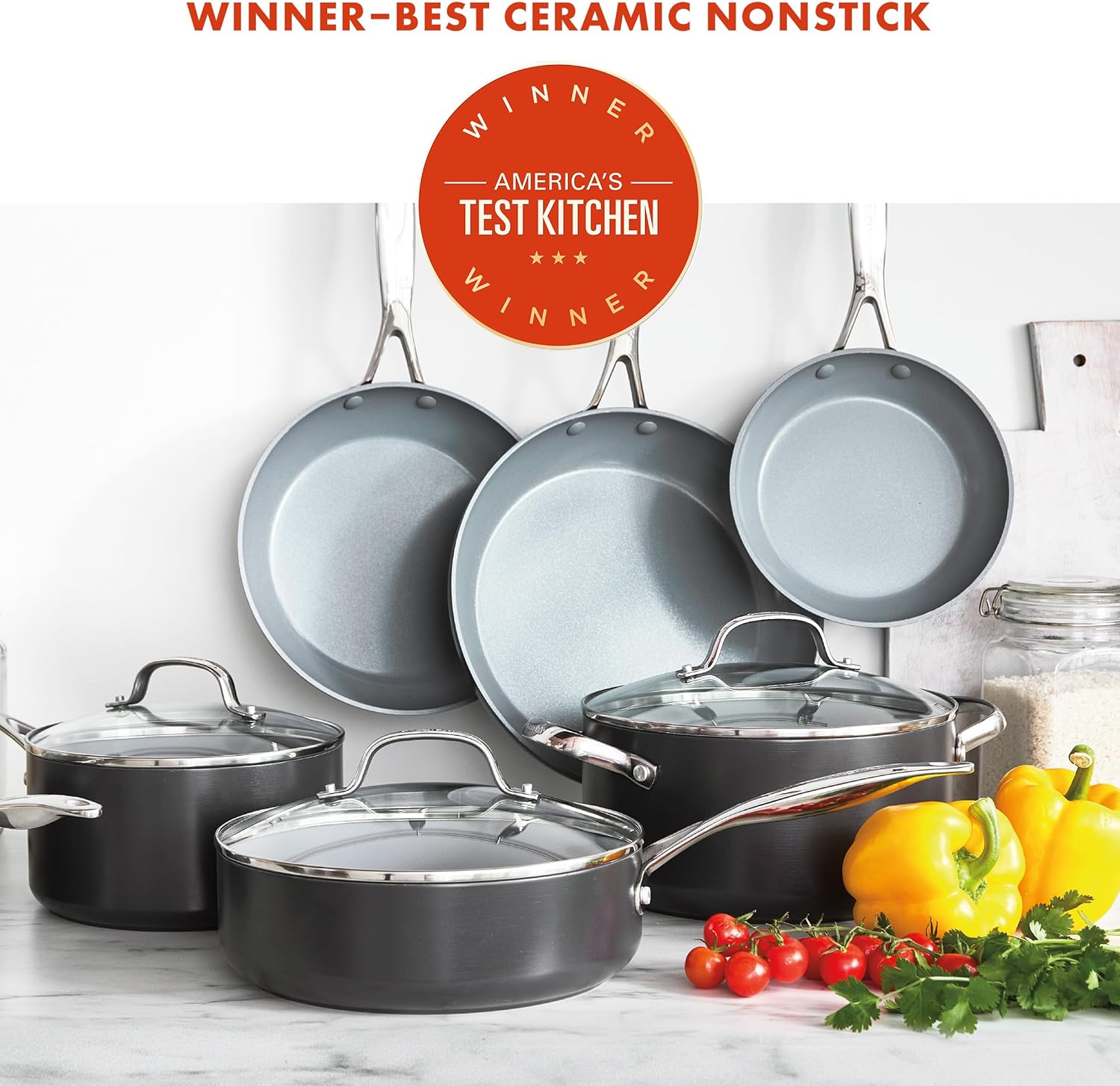 GreenPan Valencia Pro 11-teiliges Kochgeschirr-Set, gesunde, antihaftbeschichtete, hart eloxierte Keramik, inklusive Bratpfannen, Fritteuse, Töpfen und Deckeln, PFAS-frei, induktionsgeeignet, spülmaschinen- und ofenfest, Grau