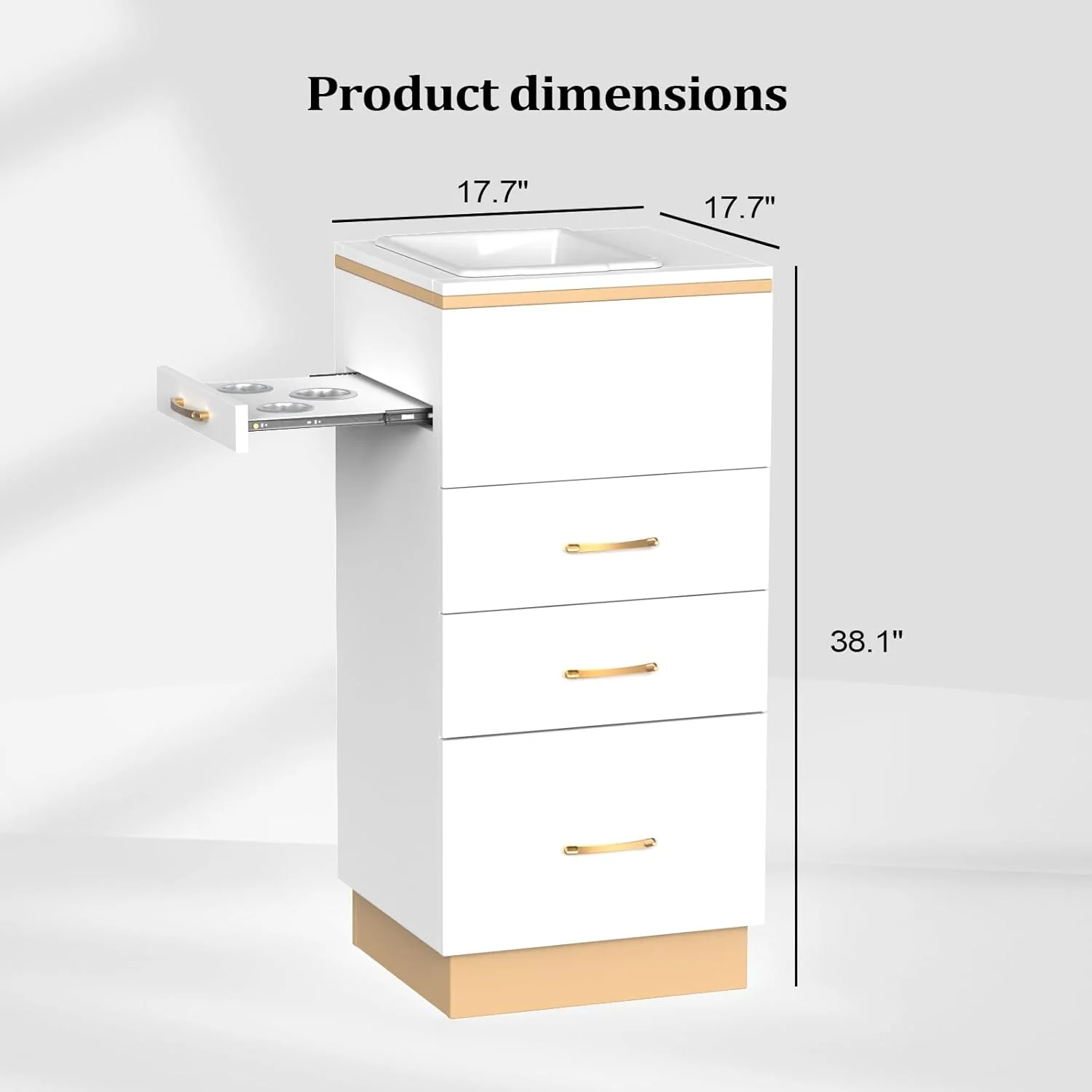 OmySalon Salon Opbevaringsstation – Frisørskab med 3 skuffer, opbevaringsrum og 3 hårtørrerholdere – Hvidguld