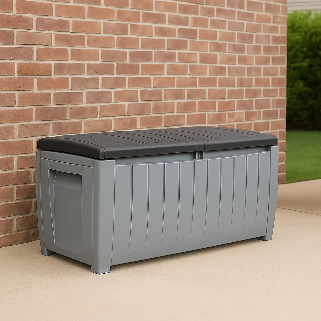 Coffre de jardin avec couvercle à charnière, gris, plastique, extérieur, 124 x 54 x 62 cm