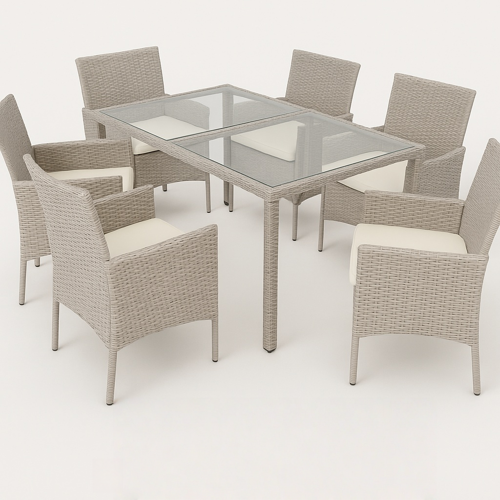 Ensemble de jardin comprenant une table avec plateau en verre et 6 chaises en rotin synthétique beige pour l