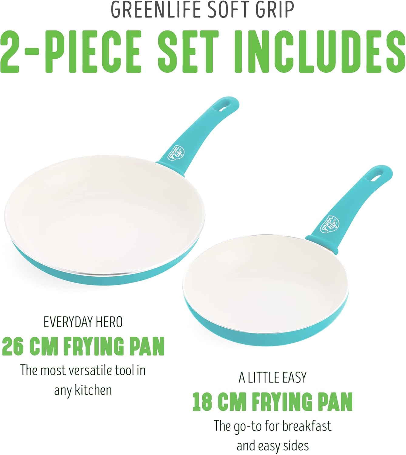 GreenLife Soft Grip 16-teiliges Antihaft-Keramik-Kochgeschirr-Set, bestehend aus Bratpfanne, Stielkasserolle und Topf, PFAS-frei, spülmaschinenfest, ofenfest, türkis