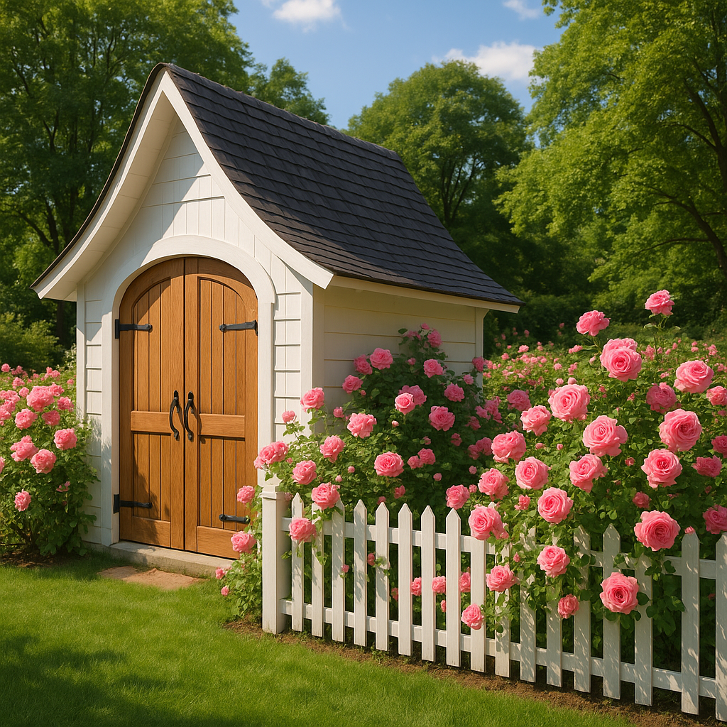 Abri de jardin style cottage en résine blanche et bois naturel 230×180×250 cm