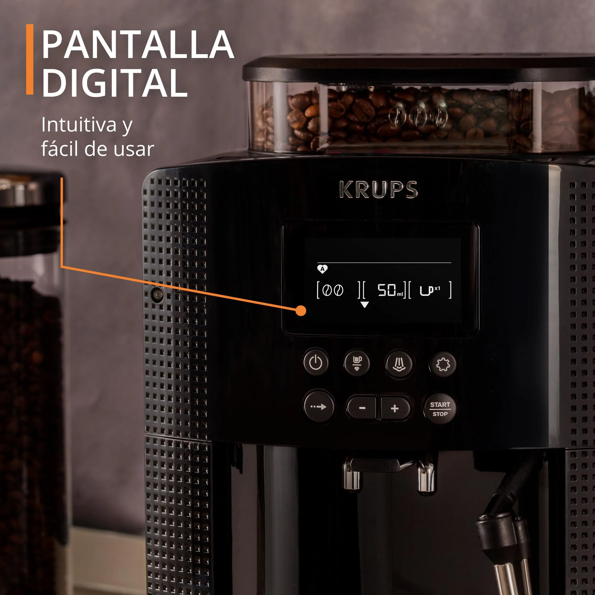 2025 Krups Essential - Superautomatisk Kaffemaskine. 15 bar tryk. Konisk metalkværn. Med valgbar mængde og styrke af kaffe. 1,7 l. 1 kop. Rustfrit stål. LCD-display + mælkekøler.