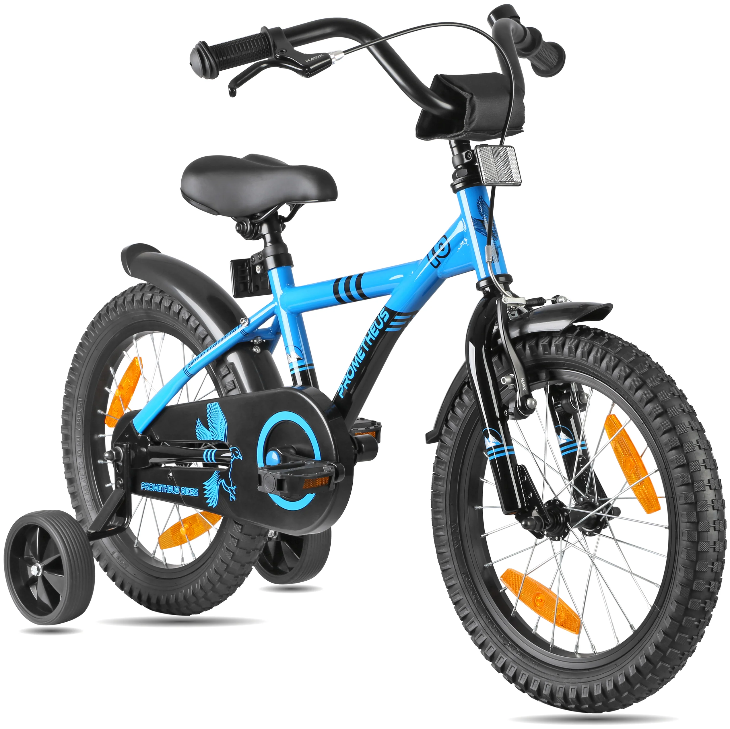 Vélo enfant 2025 de 16 pouces avec stabilisateurs amovibles. Pour les enfants de 4 à 5 ans. Bleu et noir.