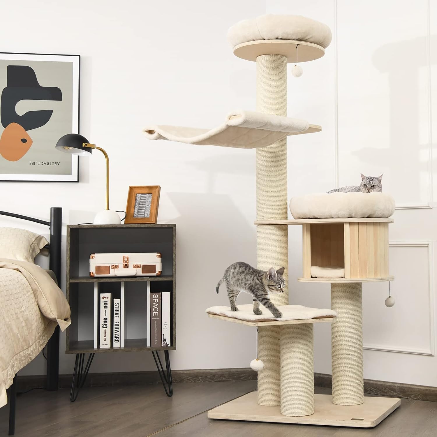 Grand arbre à chat, tour à plusieurs niveaux avec poteau en sisal, hamac, panier suspendu et tapis amovibles et lavables, parfait pour les grands chats