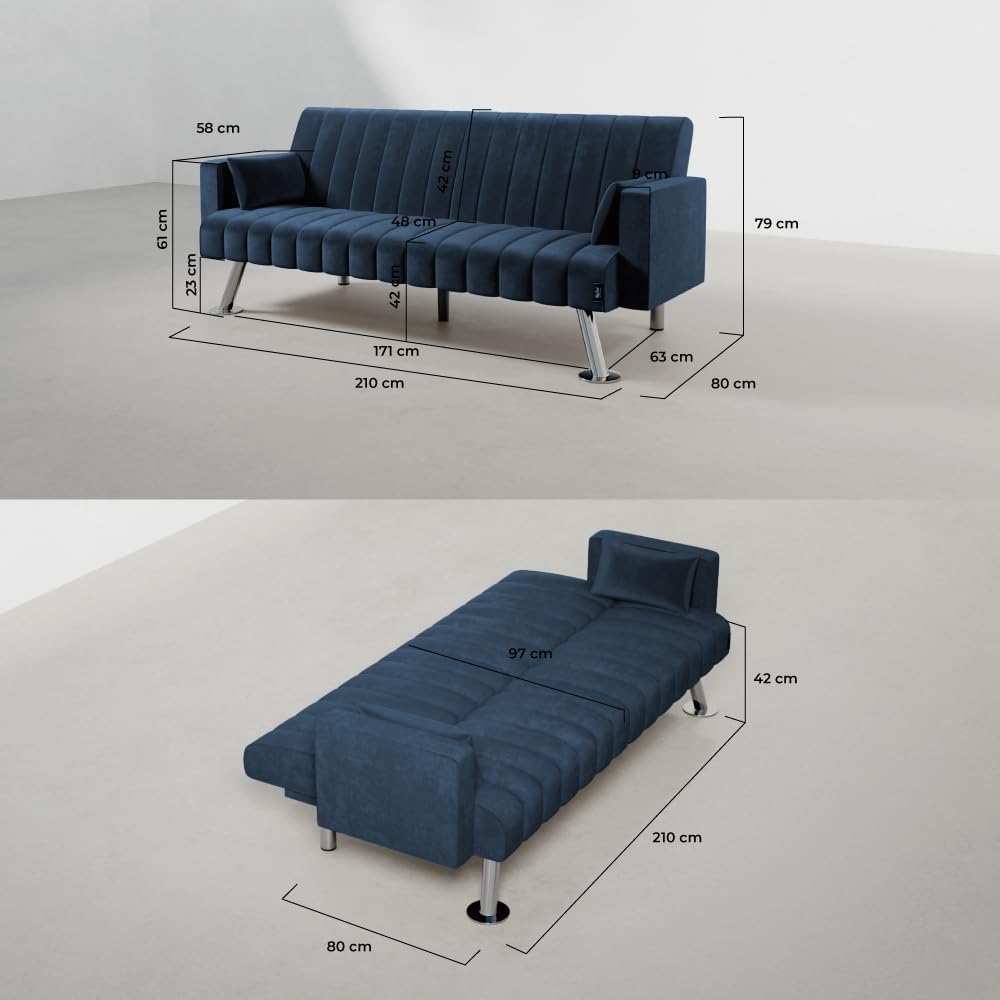 Nalui – Gepolstertes 3-Sitzer-Schlafsofa 210 x 80 x 79 cm, einlagig, 2 Kissen, Klick-Klack-Öffnungsmechanismus mit verstellbarer Rückenlehne. Samt-Chaiselongue-Schlafsofa, umwandelbar in ein Doppelbett | Beige