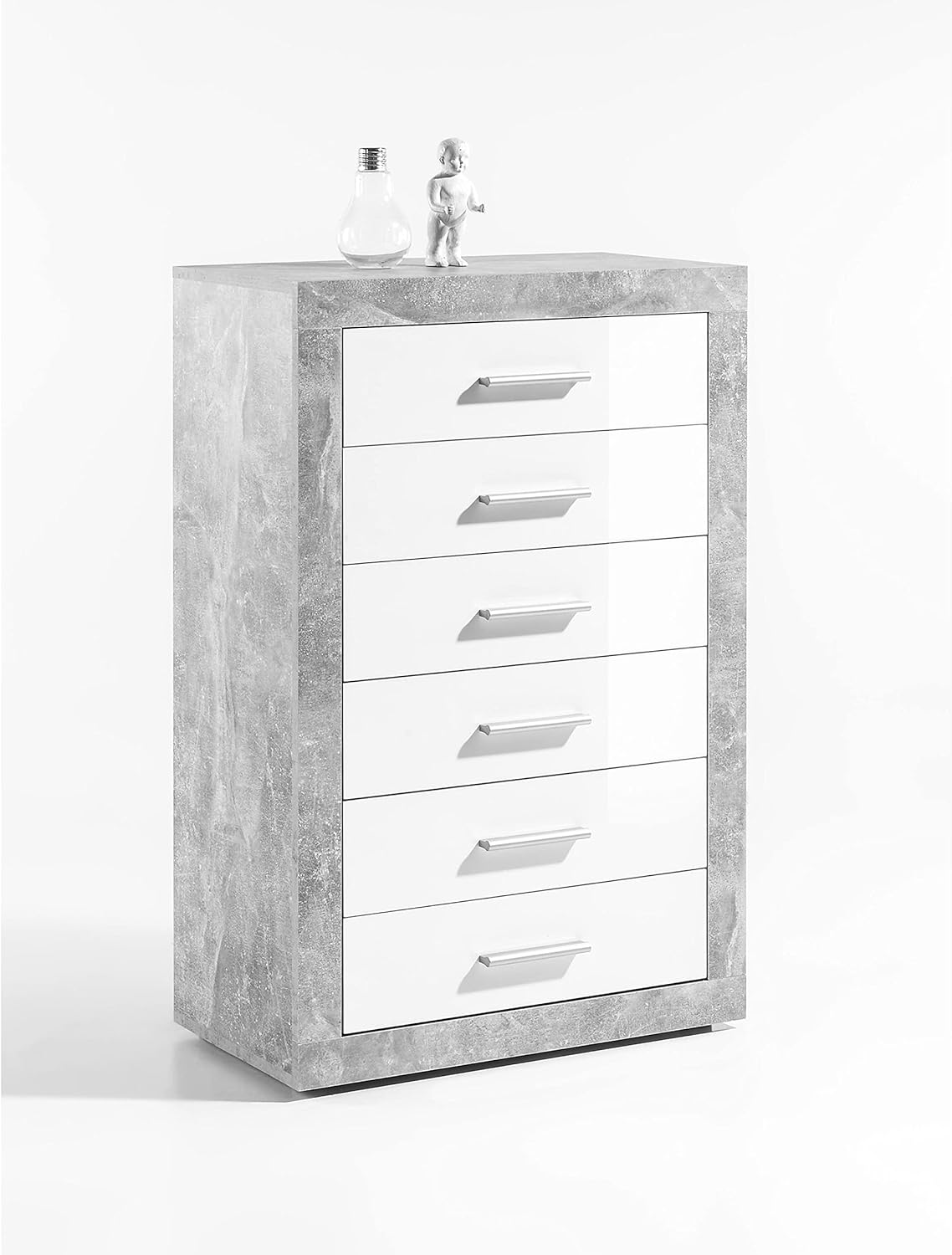 STONE Große Vitrine mit Betonoptik und hochglänzendem Weiß, moderne Vitrine mit LED-Beleuchtung und viel Stauraum, 92 x 194 x 37 cm (B x H x T)