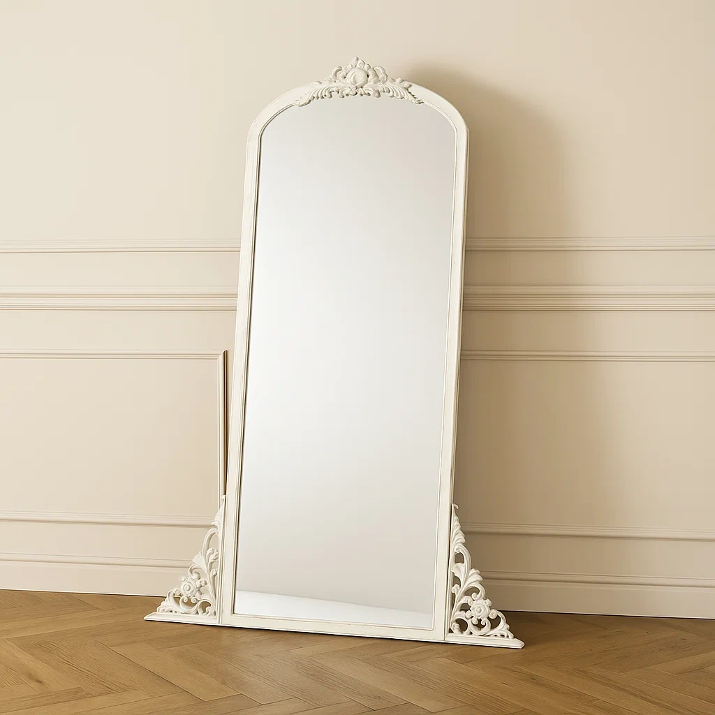 Miroir sur pied, blanc vieilli, bois, salon, 78 x 10 x 170 cm