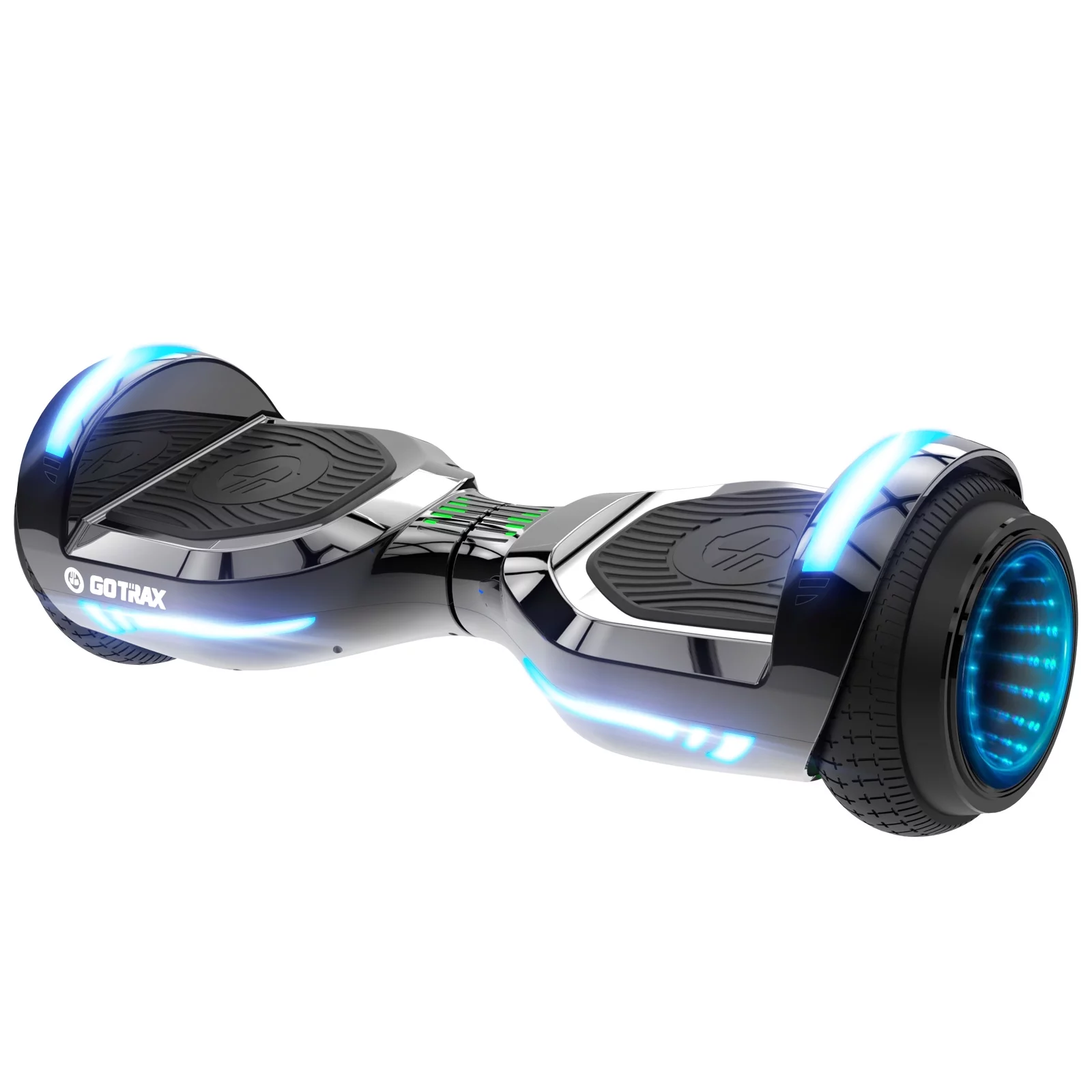 2025 GOTRAX GLIDE PRO Hoverboard med Bluetooth. 6,5-tommer hjul og 7-farvede flerfarvede LED-lys. Selvbalancerende løbehjul til børn og voksne (20-80 kg). Sølvfarvet.