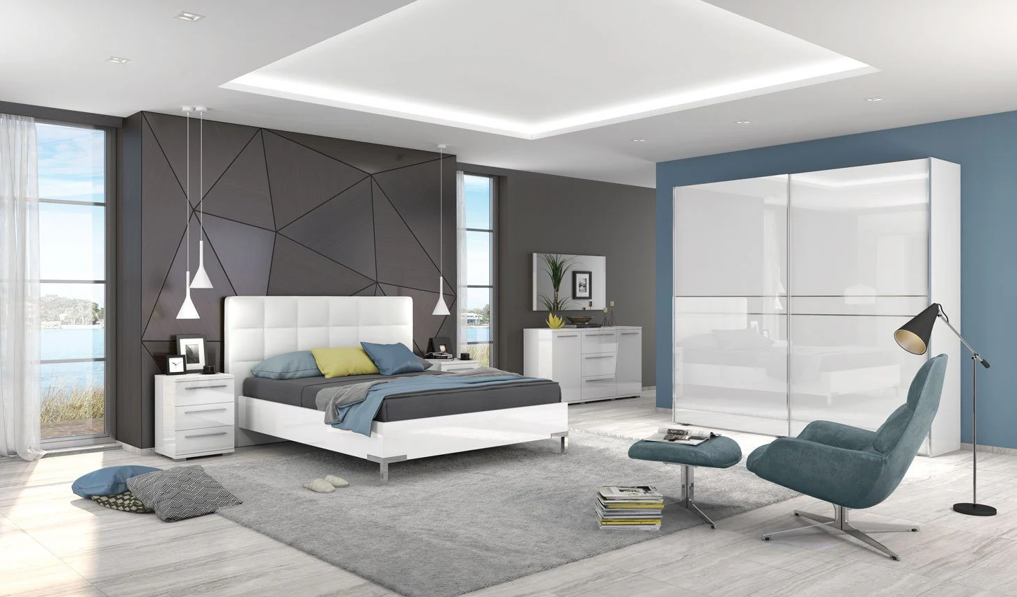 Hochglanzweißer Klaviernachttisch mit 3 Schubladen mit Soft-Close-Funktion, 45 cm breit