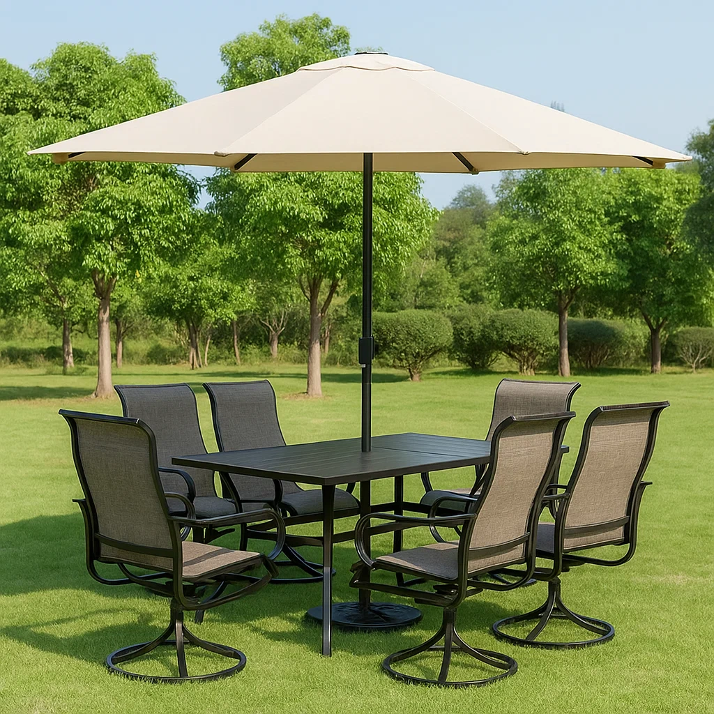 Ensemble de salle à manger de jardin, table rectangulaire avec 6 chaises et parasol, noir, acier, idéal pour le jardin