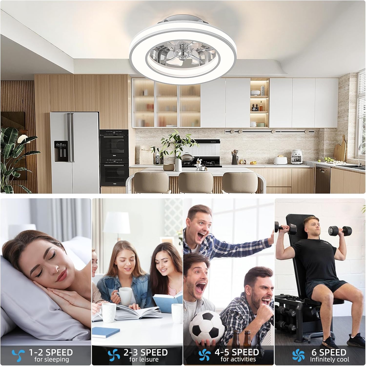 Ventilateur de plafond avec lumière 40,5 cm, silencieux 20 W, intensité variable 3000 K-4000 K-6500 K, 6 vitesses, télécommande, minuterie, mémoire de lumière, réversible