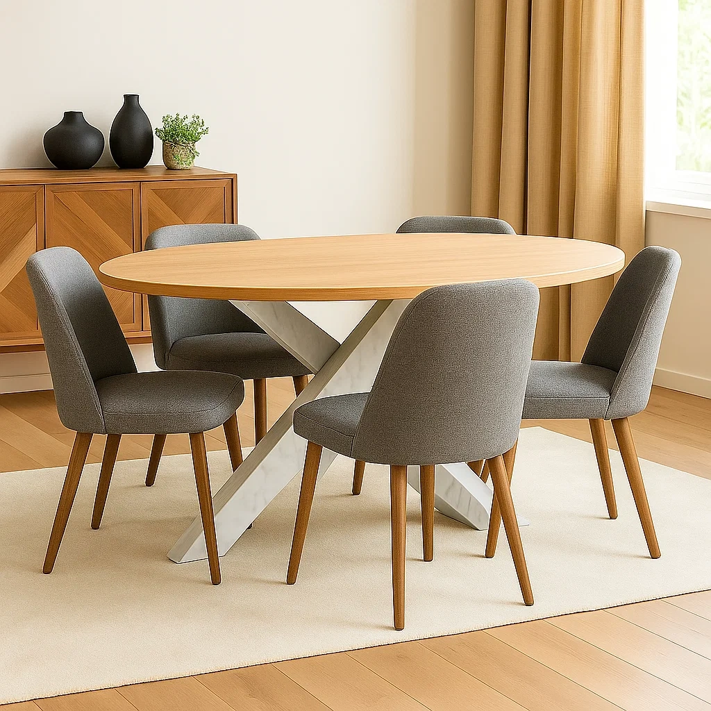 Ensemble de salle à manger 4 places, bois et tissu, beige, ovale, piètement en X, dimensions de la table 120 x 80 x 75 cm, dimensions des chaises 50 x 50 x 85 cm, pour salle à manger ou cuisine - YoudyRTO6umF