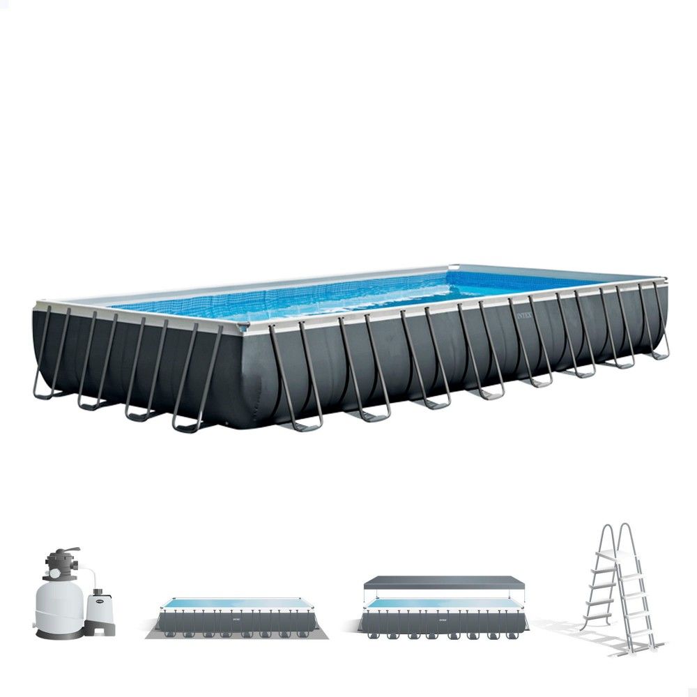 Intex Rechteckiger, röhrenförmiger PVC-Aufstellpool 975x488x132 cm Dunkelgrau mit Filterpumpe