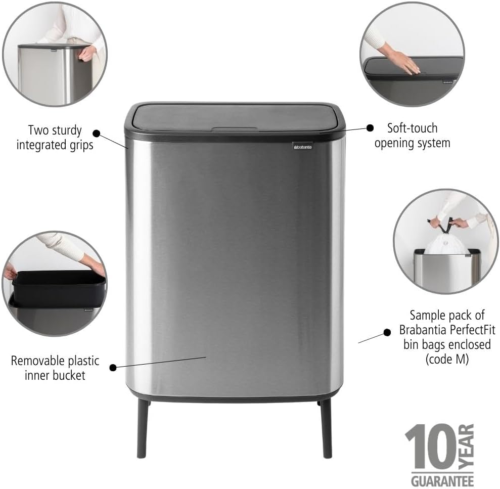 Brabantia Bo Hi Touch Ein-Knopf-Öffnungsmechanismus, 2 x 30-Liter-Abfalleimer mit Füßen, weiß