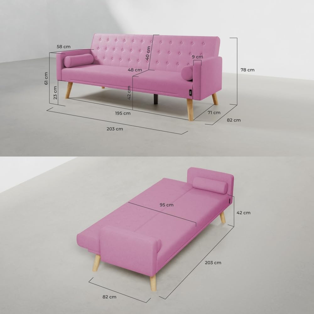 Nalui – 3-Sitzer-Schlafsofa, gepolstert, 203 x 82 x 78 cm, One Dots, mit 2 Kissen und Klick-Klack-Öffnungsmechanismus mit mehreren Liegepositionen. Chaiselongue-Schlafsofa mit Holzbeinen, umwandelbar in ein Doppelbett | Beige
