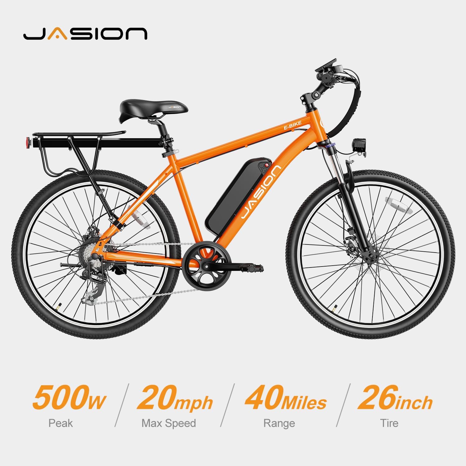 Vélo électrique Jasion EB5 pour adultes avec batterie amovible de 360 ​​Wh, 64 km, 32 km/h, VTT électrique de ville avec moteur de 350 W, 7 vitesses, pneus de 26 pouces et suspension avant.
