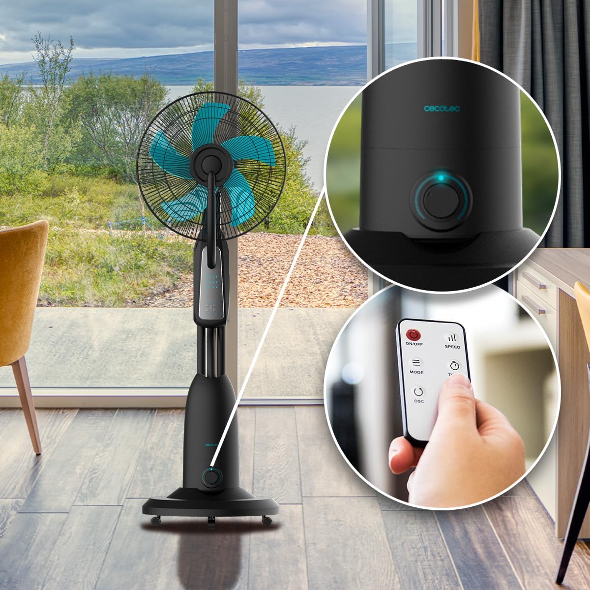 Ventilateur brumisateur d'eau douce Cecotec EnergySilence 490 avec télécommande, 90 W, diamètre 40 cm, 5 pales, réservoir 2,8 L, minuterie 7,5 h, indicateur LED et oscillation
