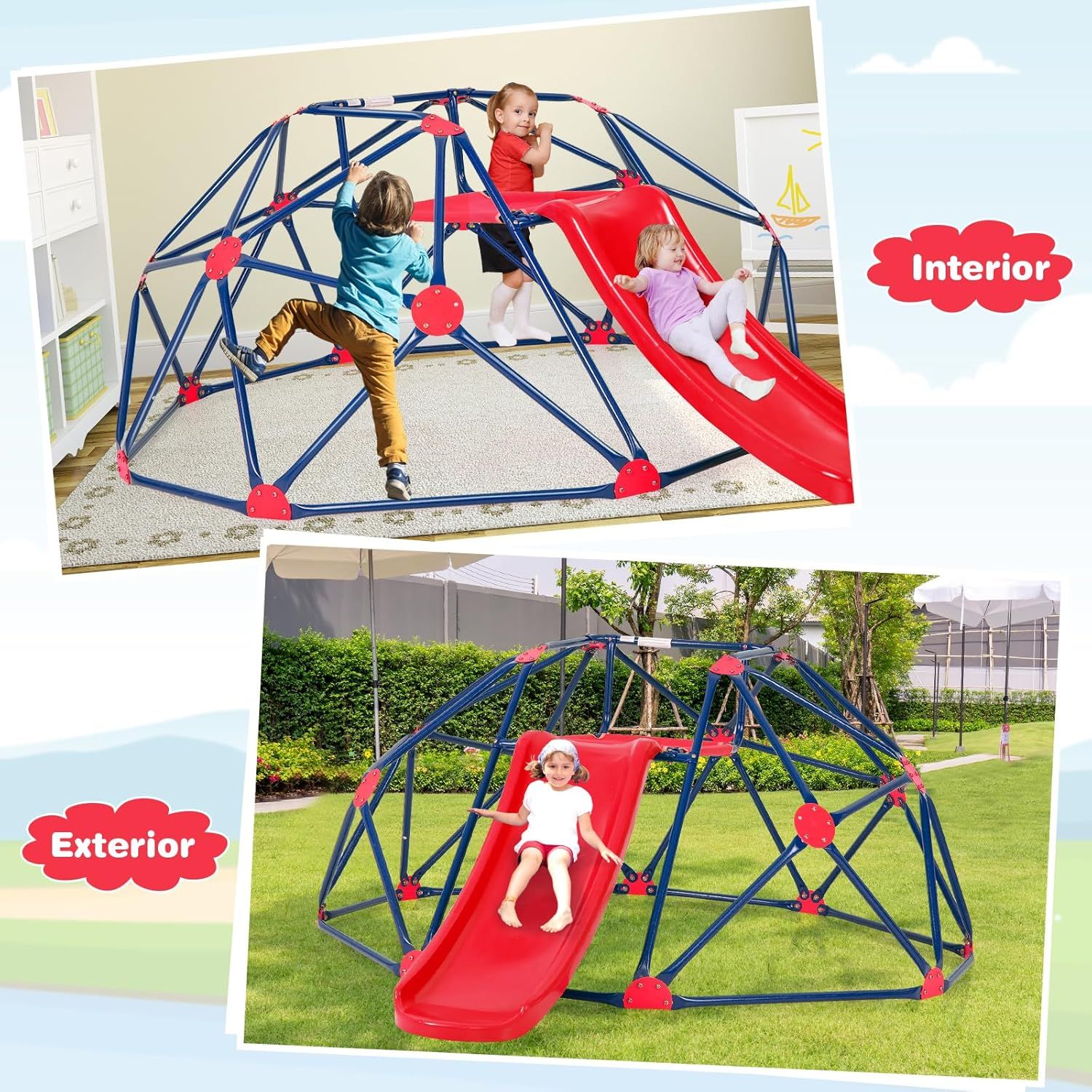 Kletterkuppel, geometrisches Kuppelspielset mit stabiler Rutsche, Costway 242 x 183 x 92 cm, mehrfarbig