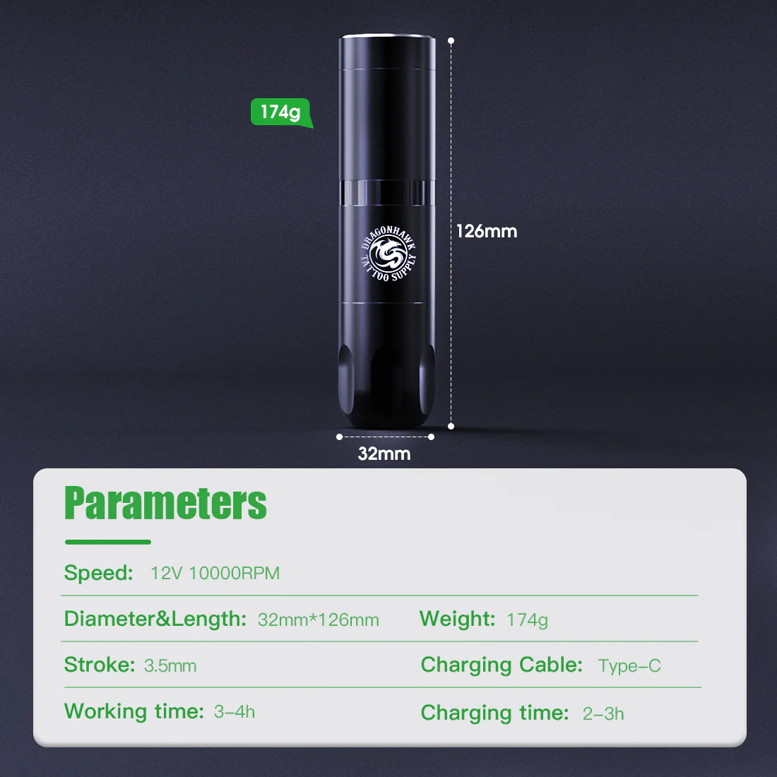 Dragonhawk X3 Akku-Tätowiermaschinen-Set mit 2 austauschbaren Batterien