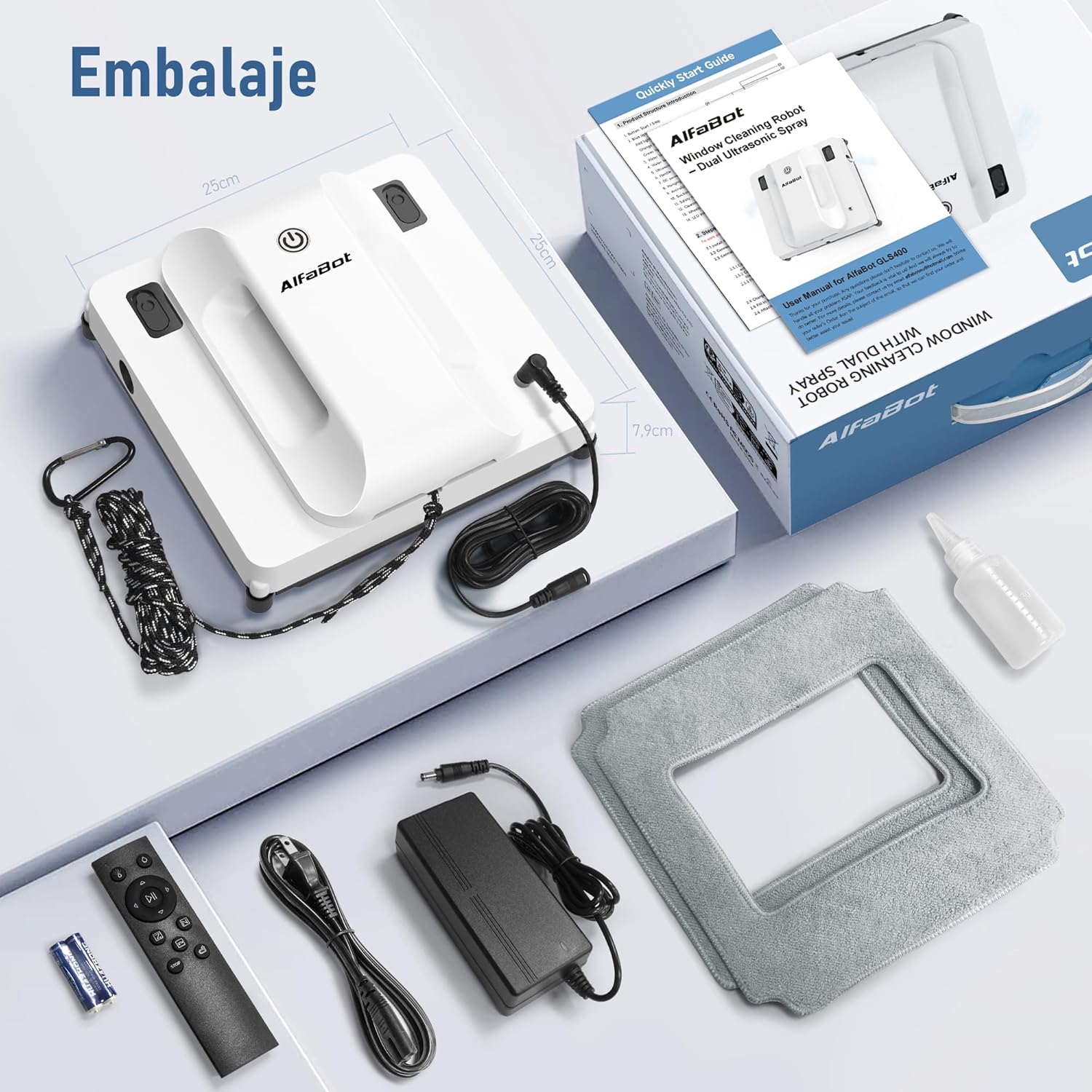 AlfaBot GLS400 vinduesvaskerrobot, intelligent elektrisk vinduesvaskerrobot med tovejssprøjte, 50 ml, intelligent navigation, til alle glatte overflader, firkantet