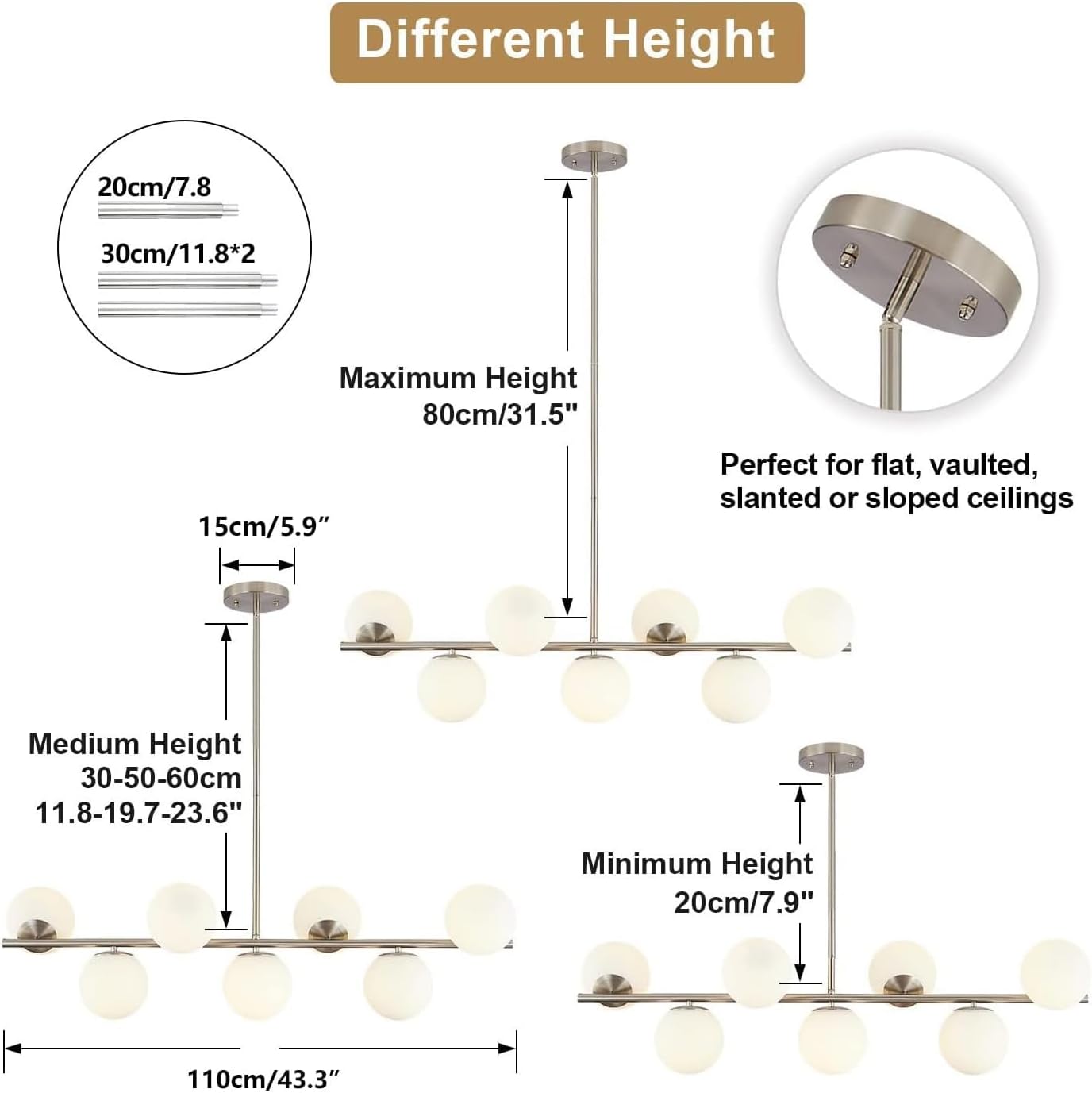 Moderne Esszimmerleuchte von KCO Lighting aus goldfarbenem Metall, Kücheninsel-Pendelleuchte aus weißem Glas, 7-flammig, E27, 80 cm höhenverstellbar