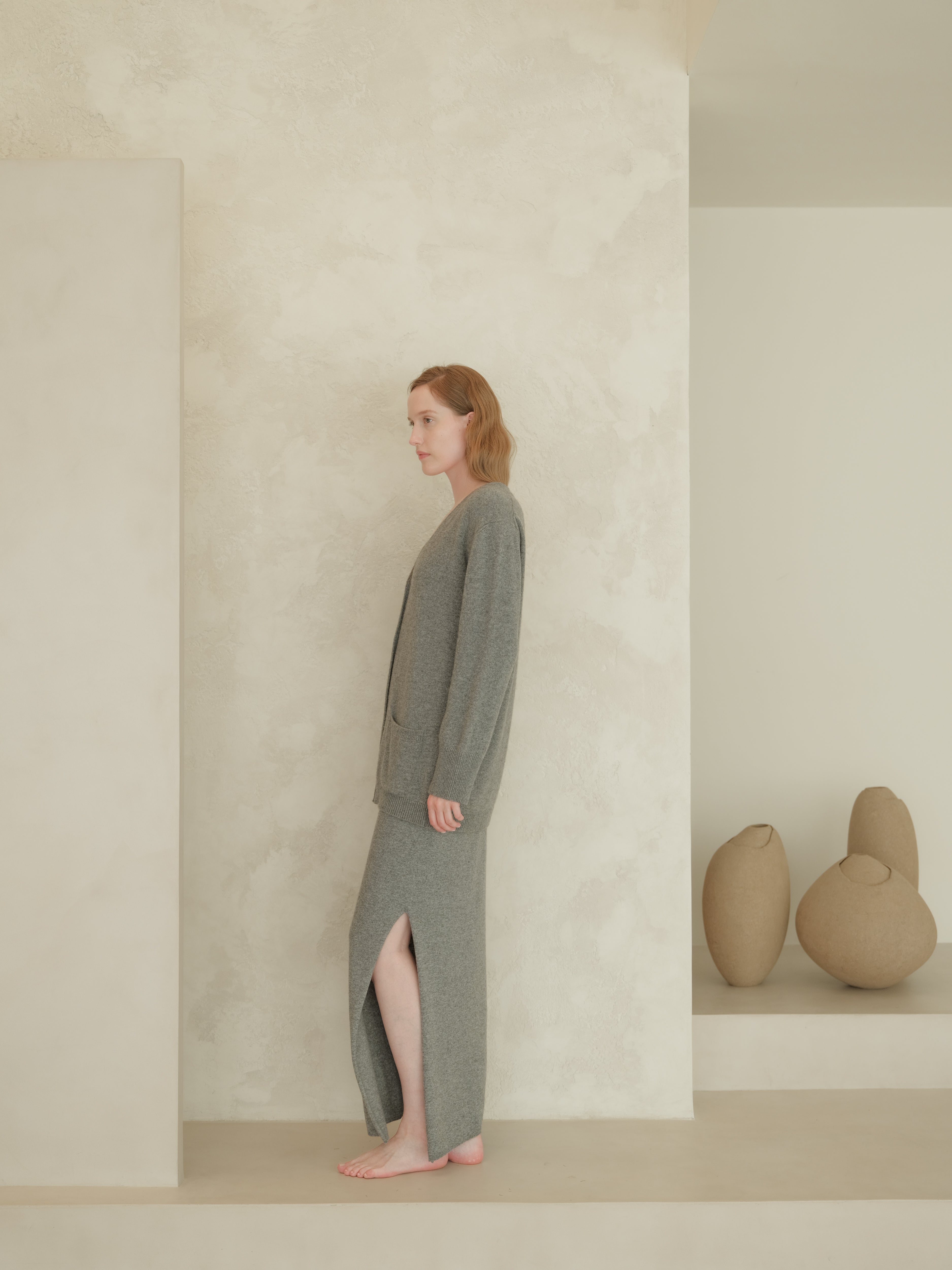 Cashmere Blend High-Waist Long Skirt With Side Slit (3D-Knit)