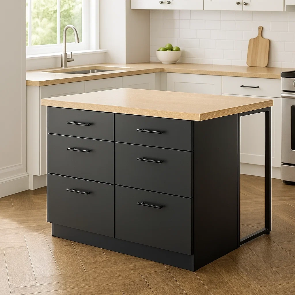 Îlot de cuisine à desserte avec 6 tiroirs, bois naturel et noir, autoportant, 100 x 60 x 85 cm - K47hsrLNNkiz