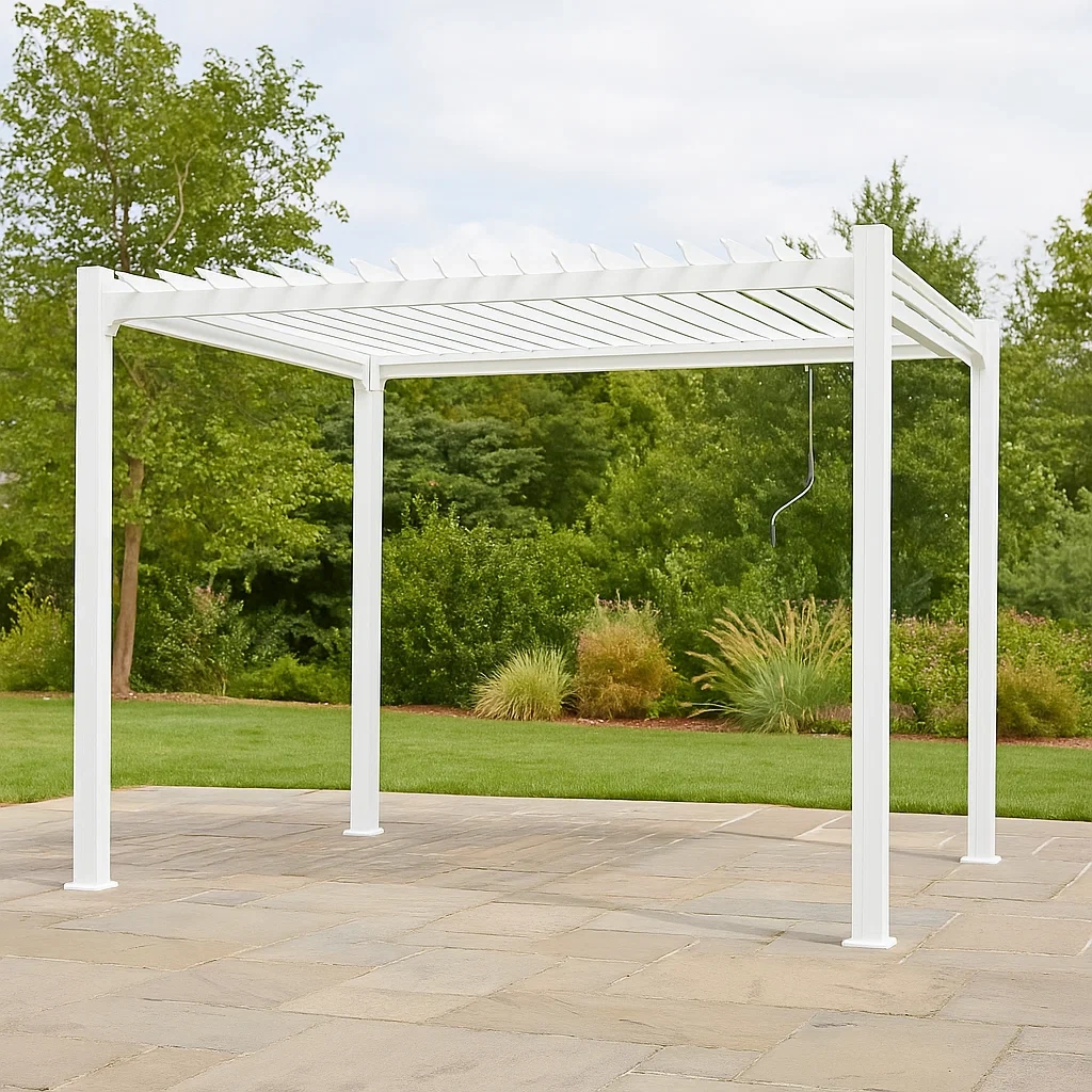 Pergola de jardin en métal blanc, structure en acier, 350 x 250 x 270 cm, toit à lames - oWeGTmdH4VLE