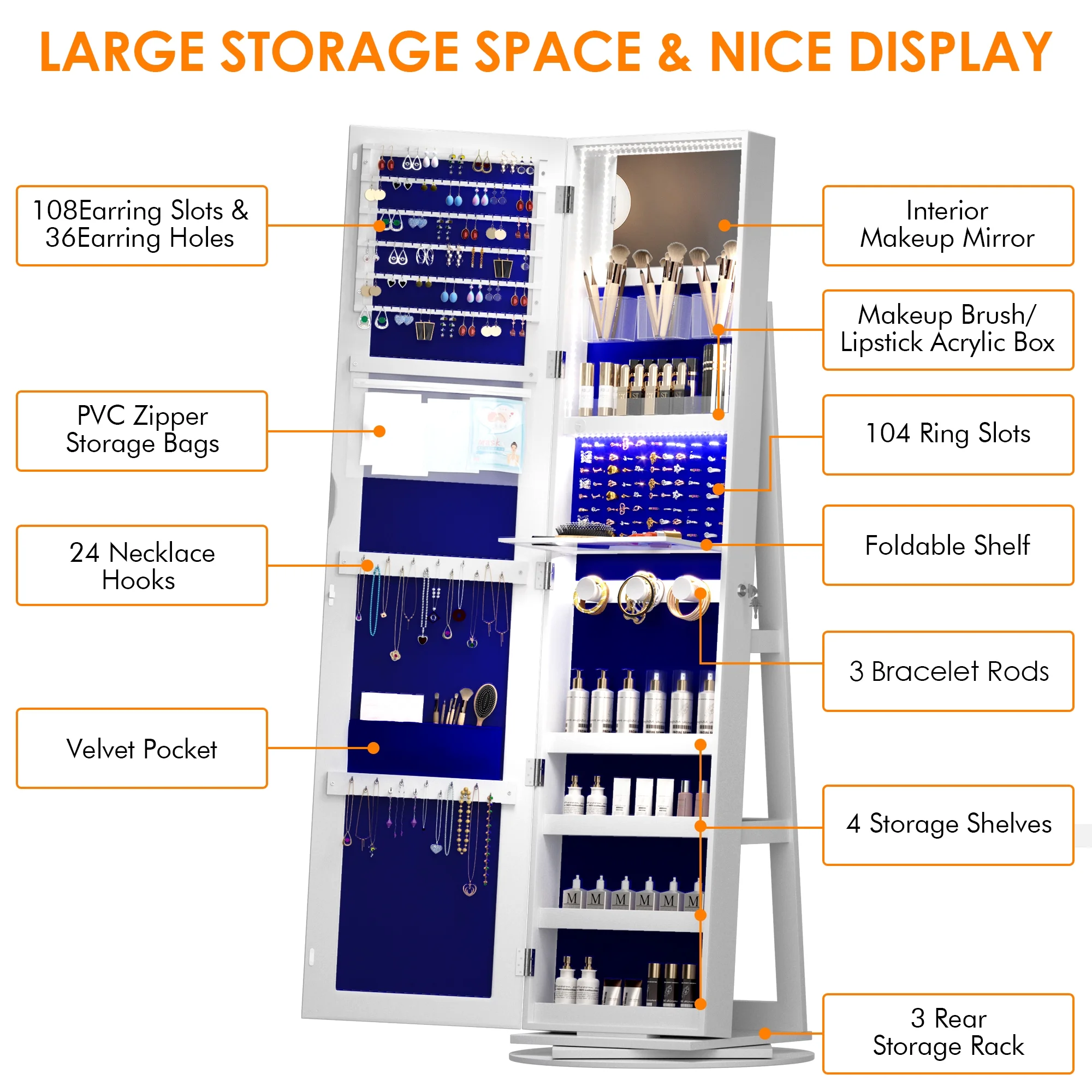 LVSOMT Roterende smykkeskrin med LED-lys og spejl i fuld længde: Stilfuld 360° opbevaring
