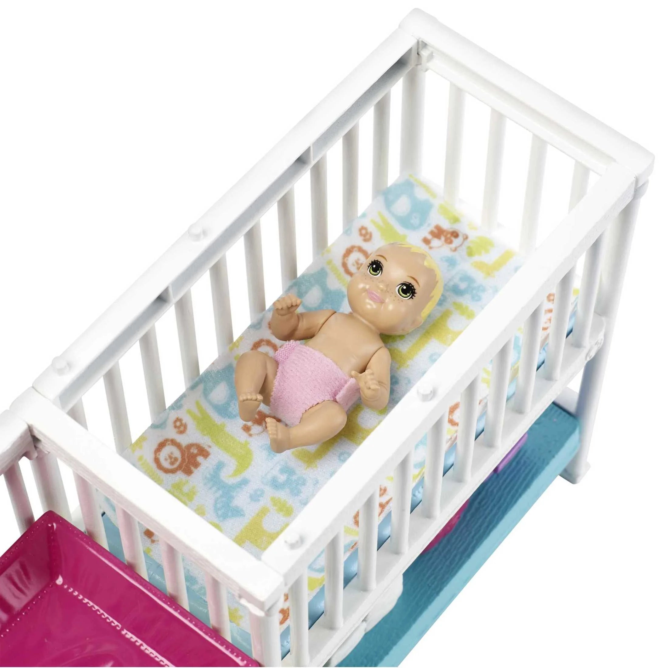Barbie Skipper Babysitters Inc. Nap 'n Nurture Kinderbett-Set mit Brünette-Puppe, Babypuppe und Zubehör