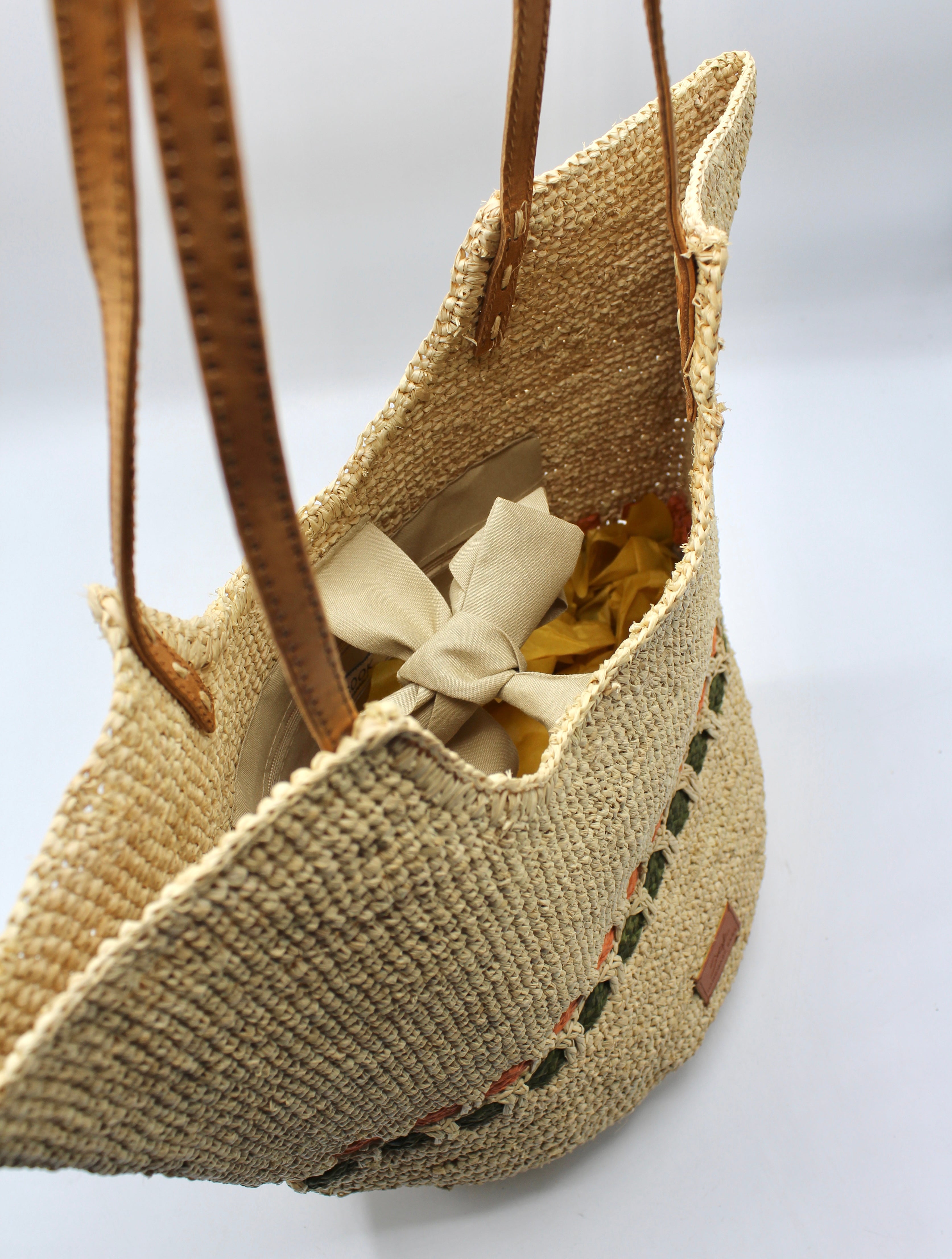Zola - Handmade Natural Raffia Tote Bag - Pastel Green and Amber