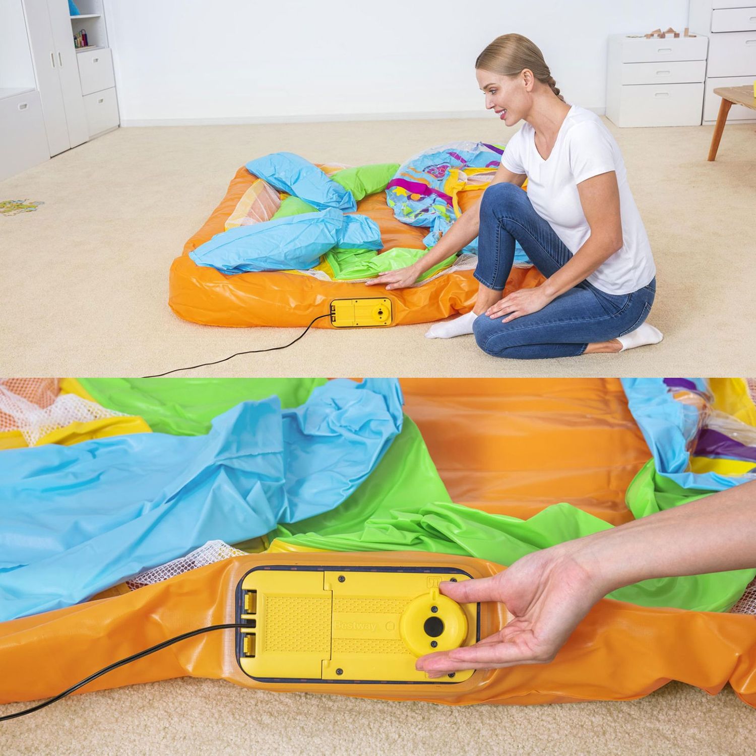 Bestway Hüpfburg für Kinder ab 3 Jahren, 175 x 173 x 130 cm | Umrandung mit Sicherheitsnetz | Integrierte elektrische Pumpe | Maximales Benutzergewicht: 85 kg