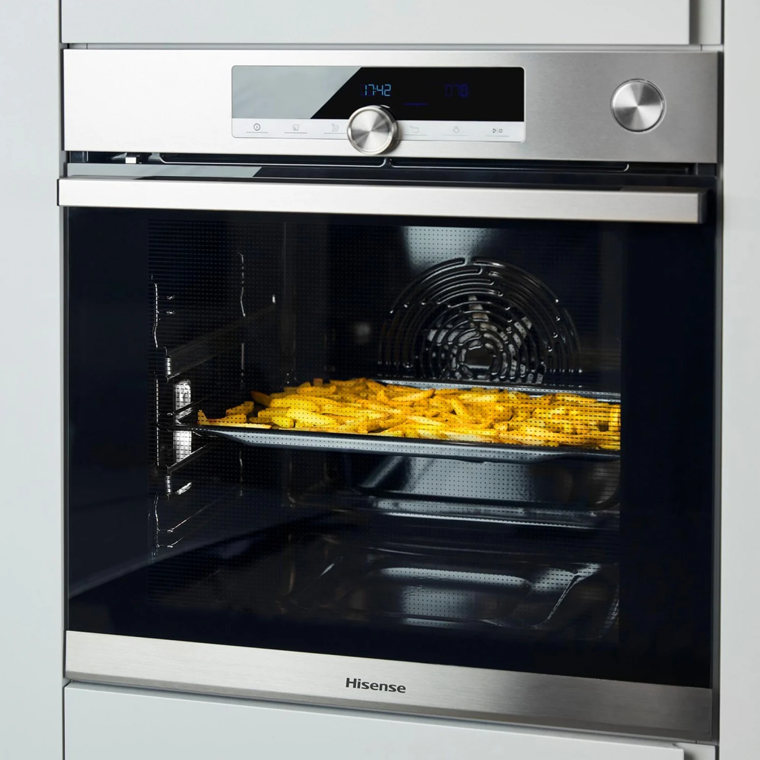 Hisense BSA66334PX Multifunktionsbackofen, 3,5 kW, 77 l, Klapptür, 9 Kochfunktionen, Energieeffizienzklasse A+ – Grau
