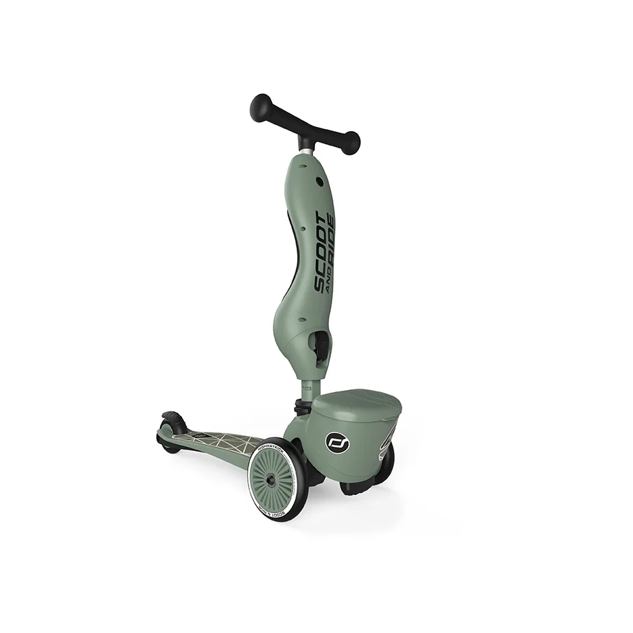 Trottinette 2-en-1 Scoot & Ride Highwaykick 1 Lifestyle avec siège (modèle 2025). Pour les enfants de 1 à 5 ans. Modèle avec compartiment de rangement.