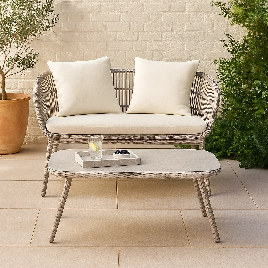 Salon de jardin 2 places en rotin synthétique beige, canapé rectangulaire fixe 120 x 65 x 78 cm, table basse 100 x 40 x 45 cm, pour terrasse, jardin ou balcon. - hR4cWWHDfdXj