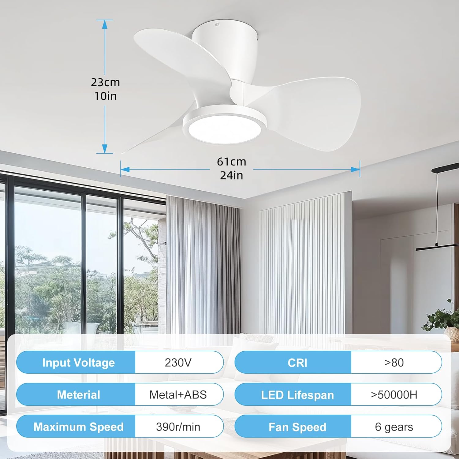 Ventilateur de plafond Ateroll avec lumière, Ø 61 cm, LED 3CCT à intensité variable (3 000 K-4 000 K-5 000 K), 1 500 lm, avec télécommande, 6 vitesses, minuterie, idéal pour salon et chambre.